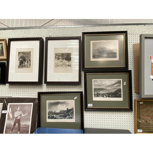 222 - 5 Framed prints inc. Scarborough, Plymouth Harbour & entrance of Fowey Harbour