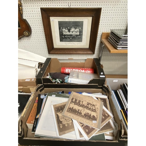 228 - 2 Boxes of football related collectables, programmes, prints, medals etc & oak framed English Team 1... 