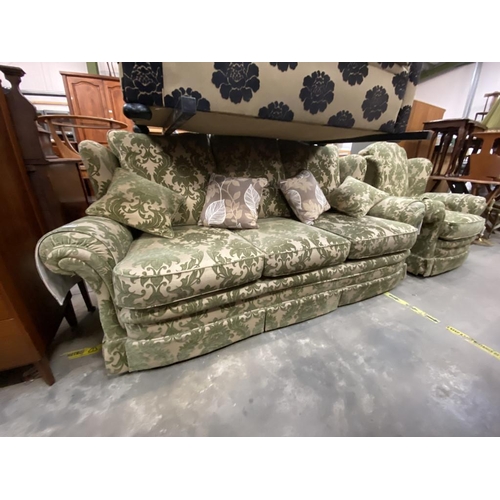 564 - Green upholstered 3 seater settee (205W cm) & matching armchair (95W cm)