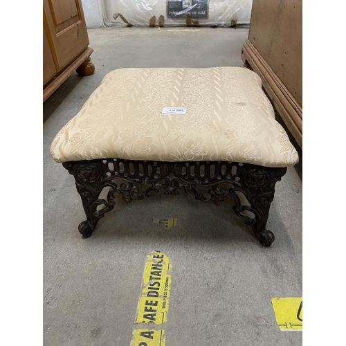 582 - Cast iron upholstered footstool (21H 37D 37W cm)