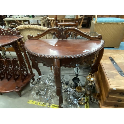 585 - Carved mahogany Demi Lune side table (86H 45D 95W cm)