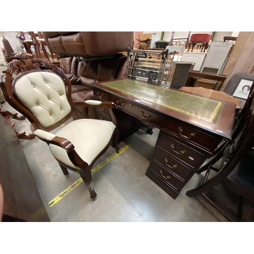 592 - Mahogany leather topped pedestal desk (77H 61D 122W cm) & mahogany armchair (59W 110H cm)