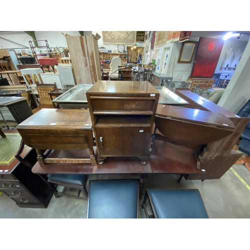 593 - Two Sutherland tables (41H 51D 68W cm) (46H 56D 66W cm)& oak bedside cupboard (65H 34D 42W cm)