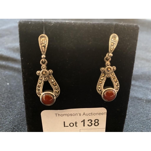 138 - Pair of silver cornelian & marcasite earrings