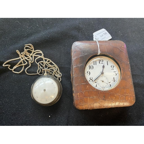 140 - Cased silver pocket watch in additional case with chain, 2 keys (as found), 8 days watch in Asprey L... 