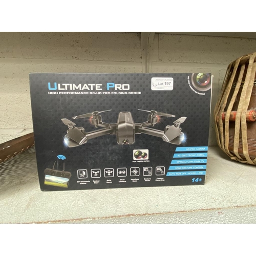 197 - 3 Boxed Ultimate Pro High Performance RCHD Pro Folding Drones (as found) & box of encyclopaedias