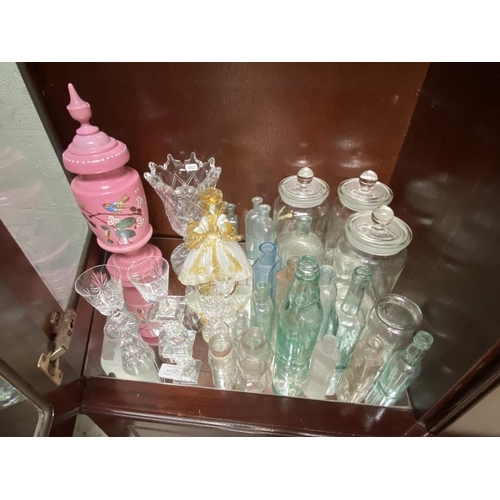 221 - Vintage glass bottles, 3 old sweet jars & selection of glassware