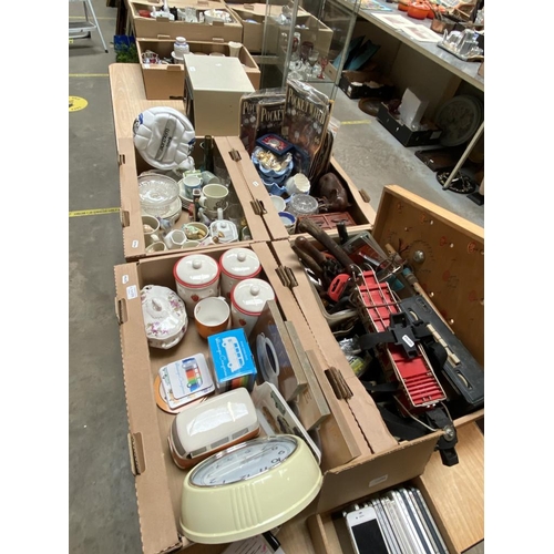 226 - 4 Mixed boxes of pottery & collectables inc. hand tools, Bagatelle board, pocket watches, crampons e... 