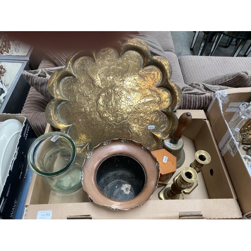 292 - Box containing pair of brass candlesticks, brass bell, copper planters, brass charger etc