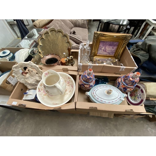 293 - 3 Mixed boxes containing wash jug & bowl, Staffordshire flat back, pair of lidded vases, gilt framed... 