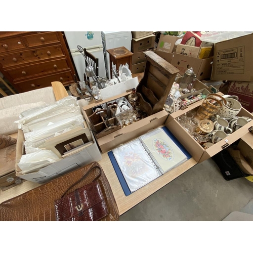 297 - 4 Boxes of pictures, glasses, figurines, cutlery etc & file of prints