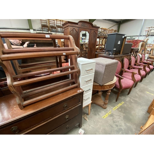 488 - Small 4 drawer chest (78H 26W 33D cm), side table, footstool & oak Demi Lune table (76H 88W 45D cm)