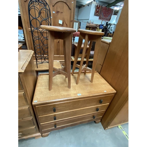 501 - Teak 3 drawer chest (75H 92W 46D cm) & pair of stools