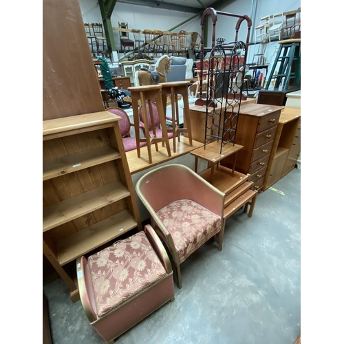 529 - Lloyd Loom style tub chair, linen box, nest of tables, small side table & metal wine rack