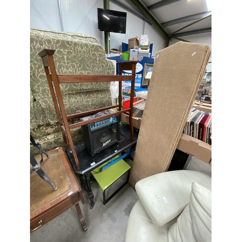 602 - Mahogany towel rail, guitar amp, hessian dressing screen etc