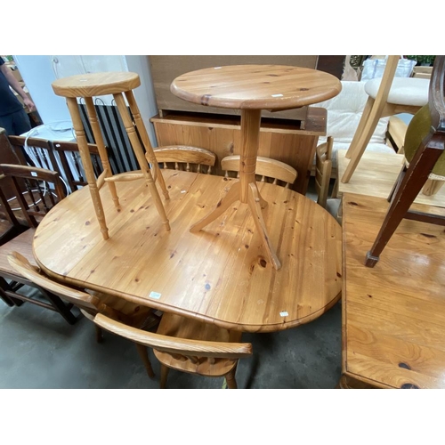 657 - Pine Ducal dining table (72H 150W 92D) 4 chairs, stool and an occasional table