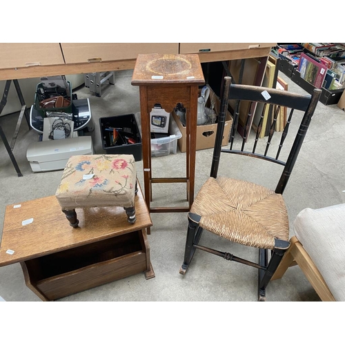 669 - Oak magazine rack, plant stand, rocking chair and footstool