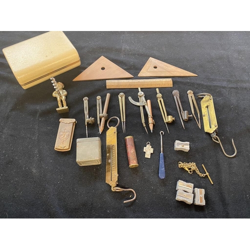 74 - Selection of collectables inc. cork screw, spring balance scales, needle case etc