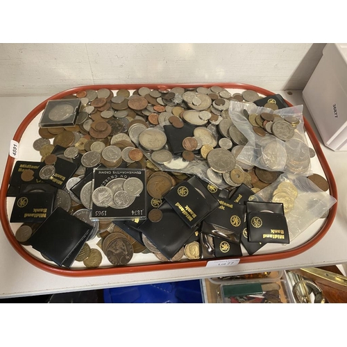 77 - Large tray of mixed coins inc. foreign, Crowns, copper etc