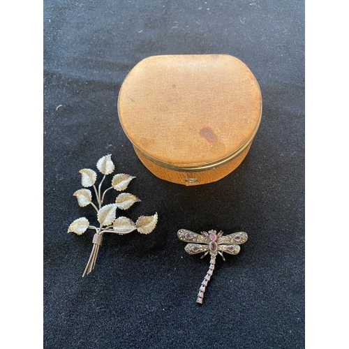 81 - Silver marcasite dragonfly brooch & silver leaf brooch