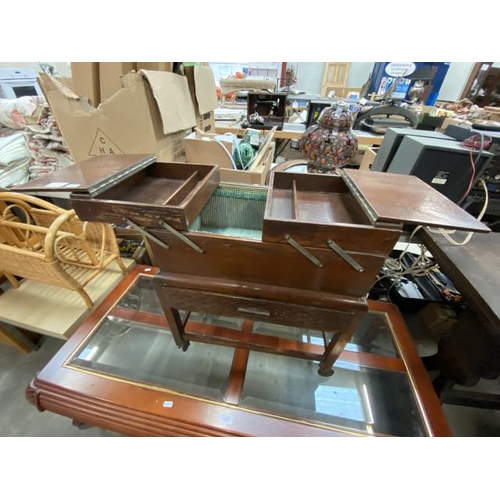 182 - Oak cantilever sewing box (58H 49W 30D cm)