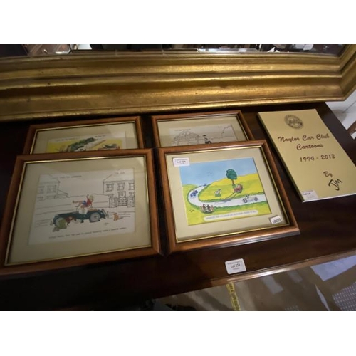 224 - 4 Framed Jim prints & Naylor Car Club cartoon book