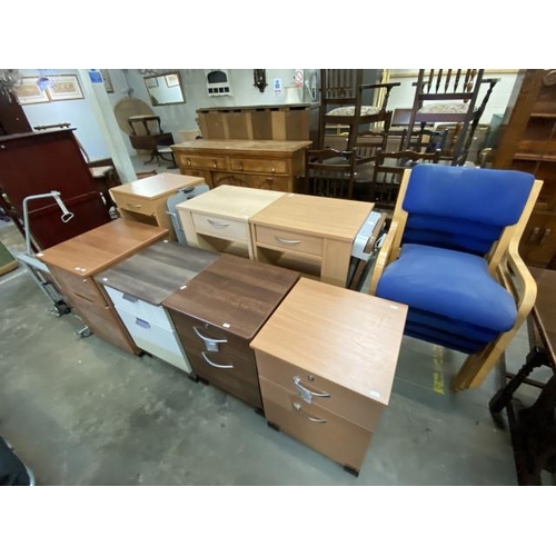 78 - 7 Assorted bedside cabinets, demonstration electric bed & 4 stacking chairs