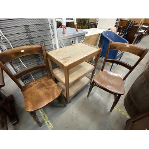 79 - Oak trolley (76H 60W 39D cm) & 2 oak kitchen chairs