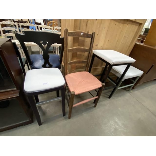 83 - Oak ladderback bedroom chair & 3 assorted stools