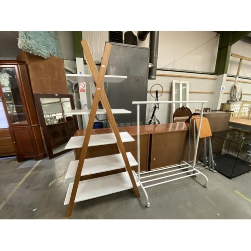 20 - Contemporary open bookcase (171H 90W 36D cm), clothes rail & 2 folding bar stools