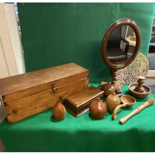 347 - Wooden box, wooden oval mirror on stand and various treen items