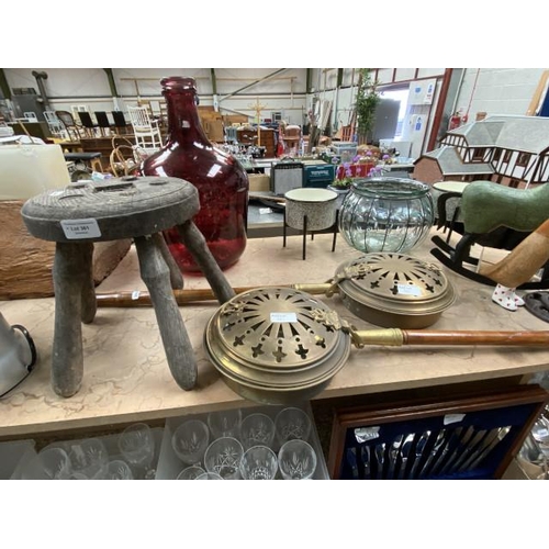 361 - Vintage stool & 2 decorative brass bed warming pans