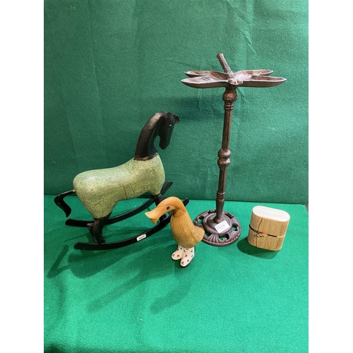 362 - Metal Dragonfly on stand, rocking horse, wooden duck and small trinket box