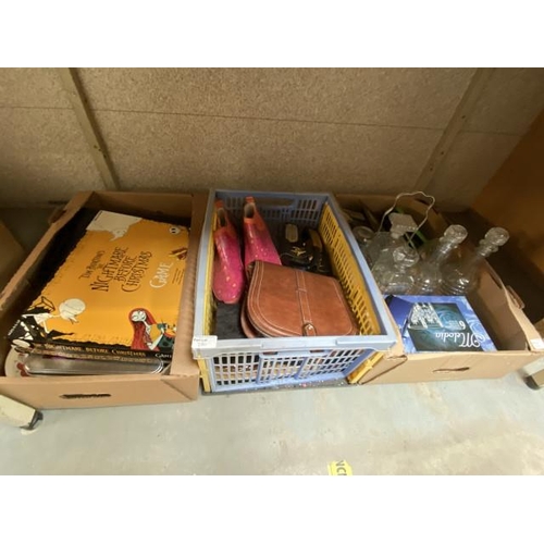 380 - 3 Boxes of glass decanters, The Nightmare before Christmas board game, picture frames, handbags, dom... 