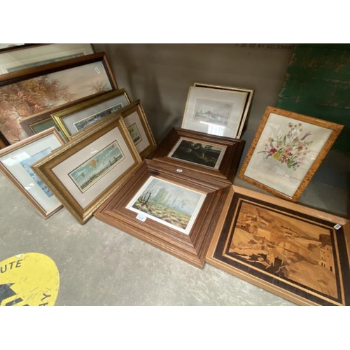 405 - Collection of pictures inc. marquetry inlaid picture, pair of barn owl prints & pair of gilt framed ... 