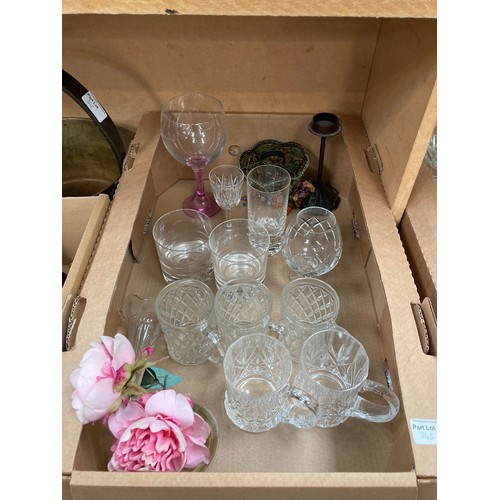 345 - 3 Boxes of glassware inc. Cranberry, champagne flutes, decanter etc PLEASE SEE ADDITIONAL IMAGES