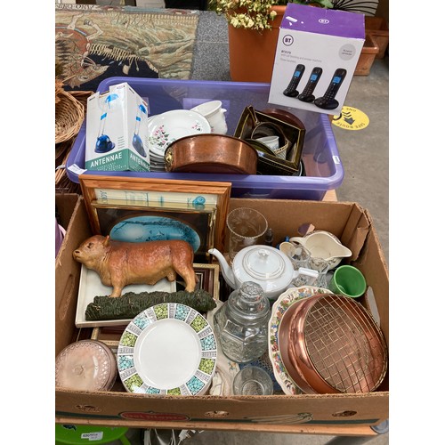 398 - Piquot ware teapot & coffee pot, box of books, collection of wicker baskets, box of mixed planters i... 