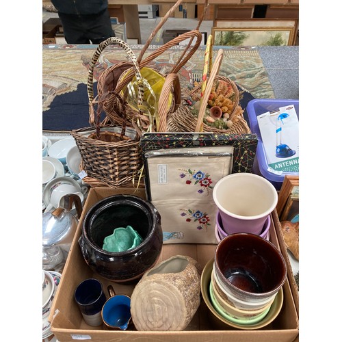 398 - Piquot ware teapot & coffee pot, box of books, collection of wicker baskets, box of mixed planters i... 