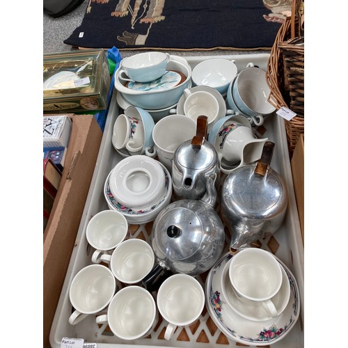 398 - Piquot ware teapot & coffee pot, box of books, collection of wicker baskets, box of mixed planters i... 