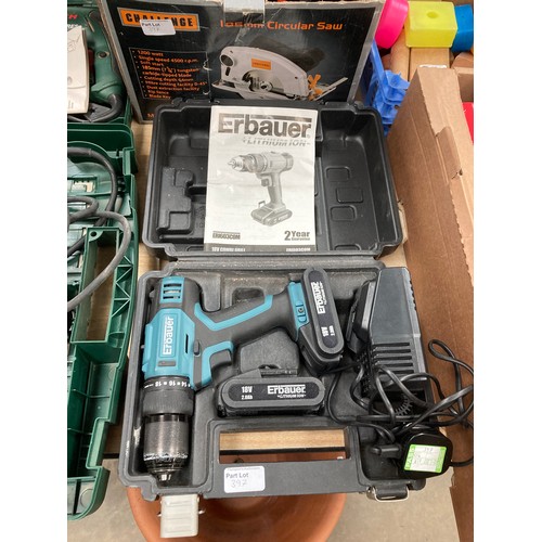 397 - Makita drill bit set (incomplete), Erbauer drill with 2 batteries and charger, Bosch PBH2900FRE, Bos... 