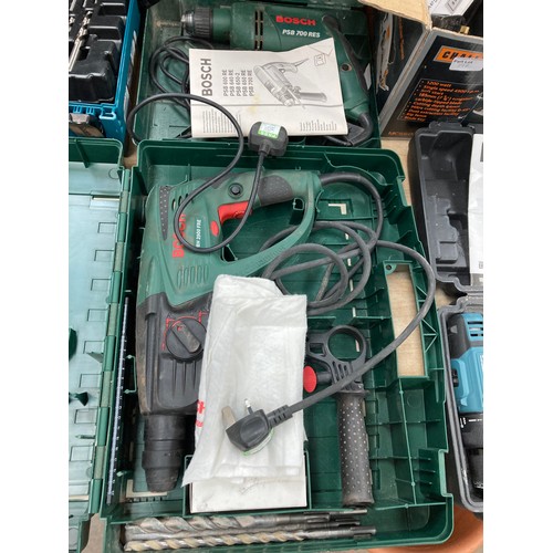 397 - Makita drill bit set (incomplete), Erbauer drill with 2 batteries and charger, Bosch PBH2900FRE, Bos... 