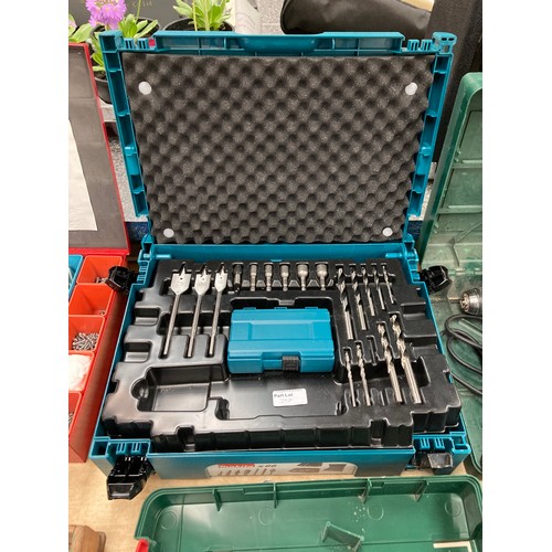 397 - Makita drill bit set (incomplete), Erbauer drill with 2 batteries and charger, Bosch PBH2900FRE, Bos... 