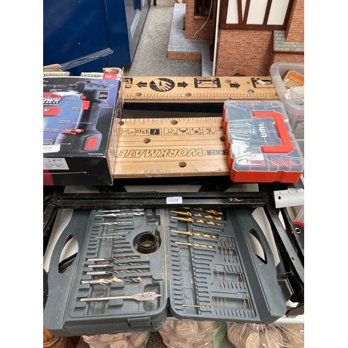 396 - Large quantity of workshop tools inc. Black & Decker work mate, drill bit sets, screws, wood chisel ... 