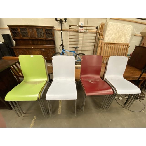 28 - 12 Cafe/bistro chairs (6 blue, 2 green & 4 red)