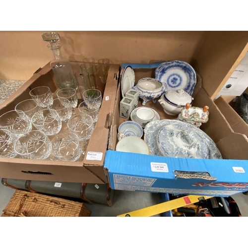 344 - 2 Boxes containing Staffordshire cottage, blue & white tea bowl, tureens, etched glass decanter sign... 