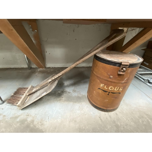 366 - Scarrs Stores Leeds metal flour bin, vintage wooden bread board (as found) (worm) & brush