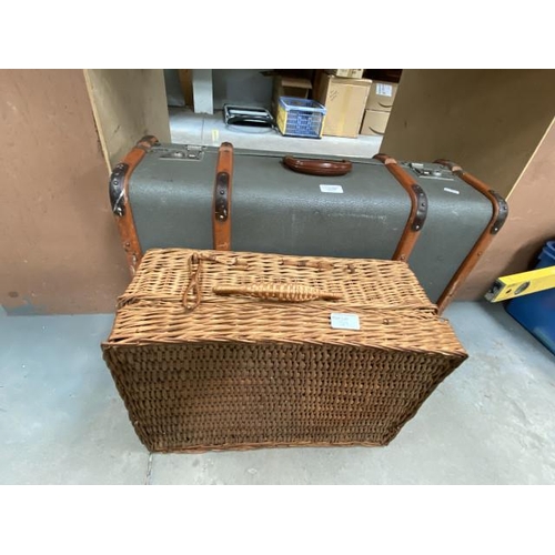 369 - Wicker picnic basket & vintage wooden bound travelling case