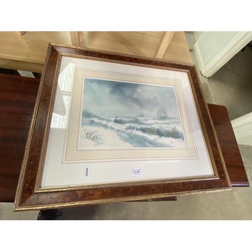 386 - Walnut framed winter scene watercolour by Barry K. Barnes