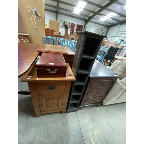 409 - Mahogany effect stereo cabinet (68H 45W 44D cm), pine bedside cupboard (66H 45W 40D cm), mahogany ef... 