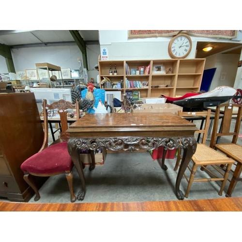 415 - Burr walnut carved console table on paw feet (80H 108W 47D cm) (some veneer as found)